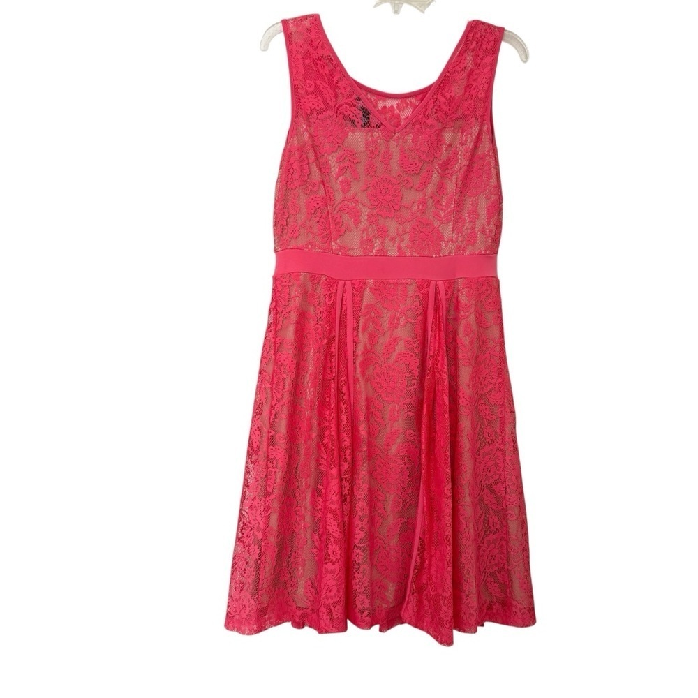 Candalite Coral Pink Lace Dress Sleeveless Straight Nude Lined Midi M